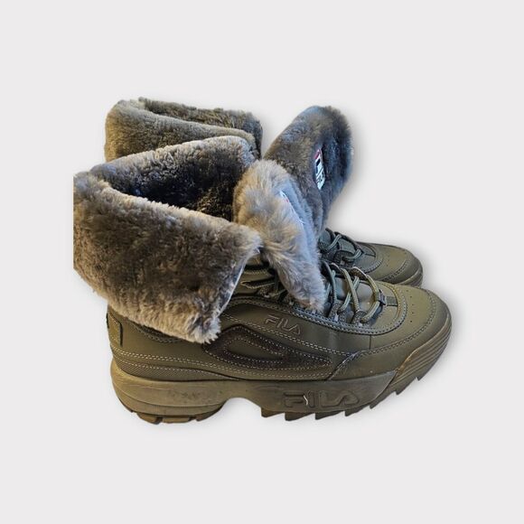 FILA Disruptor Comfy Shearling Boot Olive Green Leather Fur 9.5 Mens - Picture 3 of 16